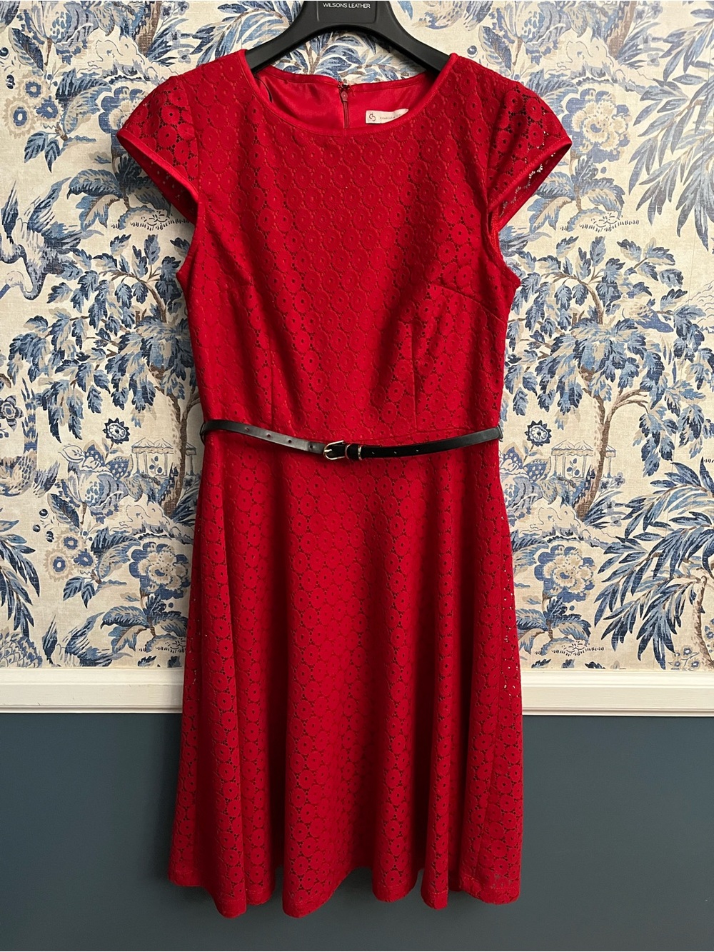 dressbarn Red Lace Fit-and-Flare Midi Dress with Black Belt